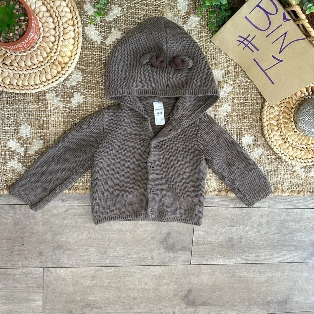 New Carter's Christmas Reindeer Hooded Thick Knit Cardigan  Jacket Sweater